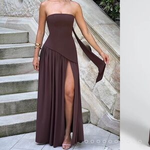 BabyBoo Brown Strapless Slit Gown for Wedding Guest